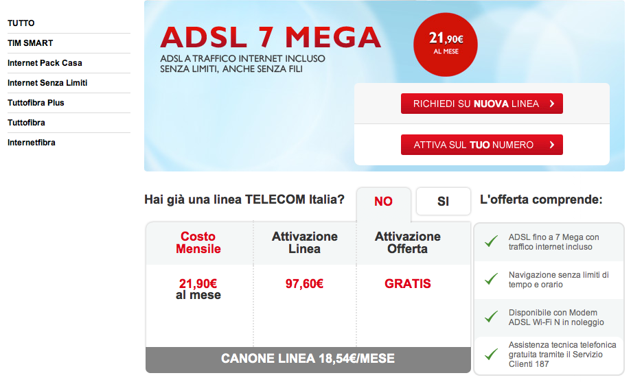 Telecom ADSL senza telefono