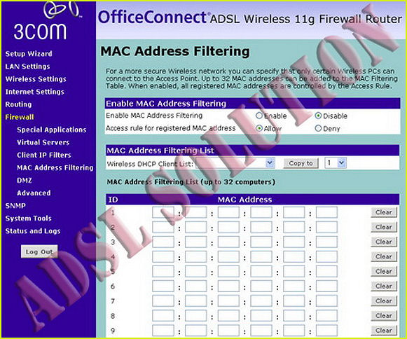 3Com Office Connect 3CRWE754G72-A Configurazione del Filtro Mac Address