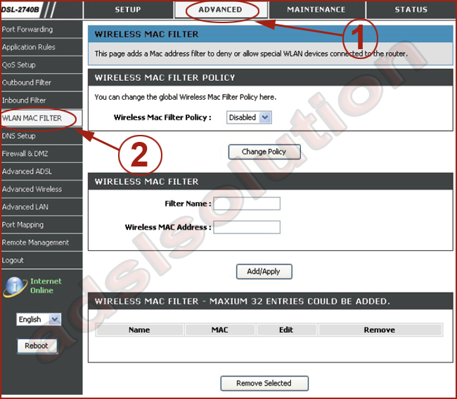 D-Link DSL-2740B E1 Mac Filter