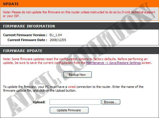 D-Link-DSL2640b Wireless G ADSL2+ Aggiornamento del firmware Aggiornamento 